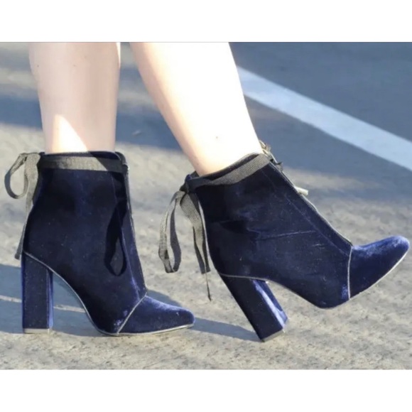 Zara Blue Velvet Zipper Ankle Boots Lace Up Heels Size 37EU /US7.5 - Picture 2 of 13